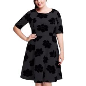 Lands' End Black Floral Fit & Flare Mini Dress 3/4 Sleeves Plus Size 1X